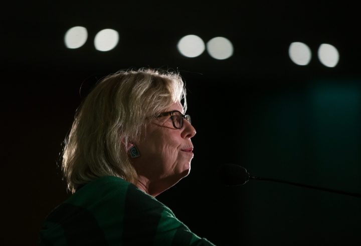 Green Party Leader Elizabeth May addresses candidates and supporters during a rally in Vancouver, Saturday, Oct. 19, 2019. THE CANADIAN PRESS/Darryl Dyck.