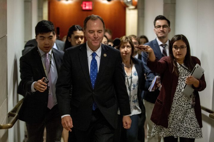 House Intelligence Committee Chairman Rep. Adam Schiff of Calif., leaves a secure area where Deputy Assistant Secretary of Defense Laura Cooper is testifying as part of the House impeachment inquiry into President Donald Trump, Wednesday, Oct. 23, 2019, on Capitol Hill in Washington.