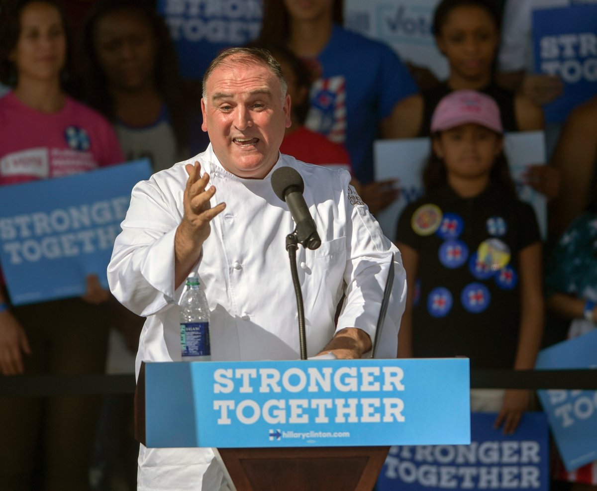 FILE - In this Oct. 26, 2016, file photo, Spanish-American chef José Andrés speaks during a "Get out the vote," rally for Democratic presidential nominee Hillary Clinton rally in Tampa, Fla.