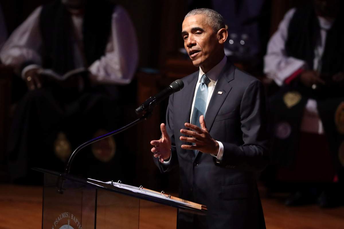Former president Barack Obama speaks during funeral services for Rep. Elijah Cummings, Friday, Oct. 25, 2019, in Baltimore.