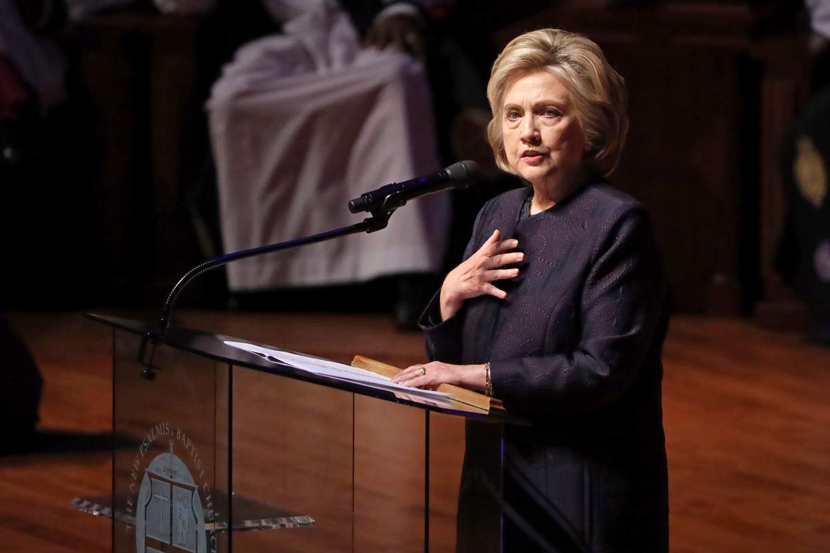 Former Secretary of State Hillary Clinton speaks during funeral services for Rep. Elijah Cummings, Friday, Oct. 25, 2019, in Baltimore.