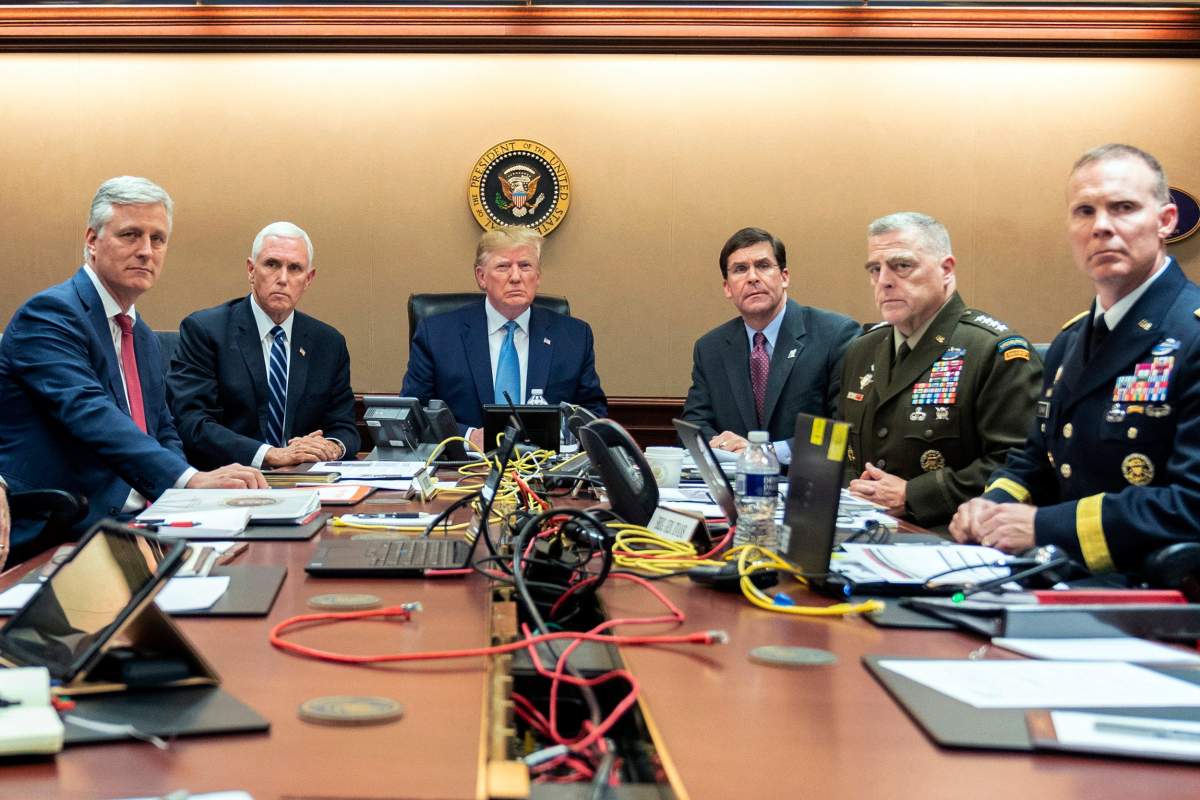 President Donald Trump is joined by national security advisers on Saturday, Oct. 26, 2019, to monitor developments in the U.S. Special Operations forces raid that took out Islamic State leader Abu Bakr al-Baghdadi.