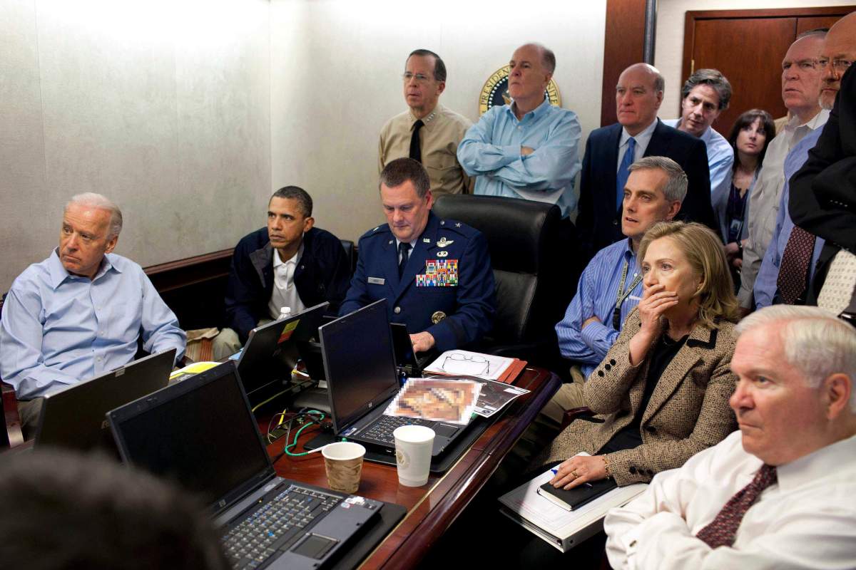 Secretary of State Hillary Clinton, President Barack Obama and Vice-President Joe Biden, along with members of the national security team, receive an update on the mission against Osama bin Laden on May 1, 2011.