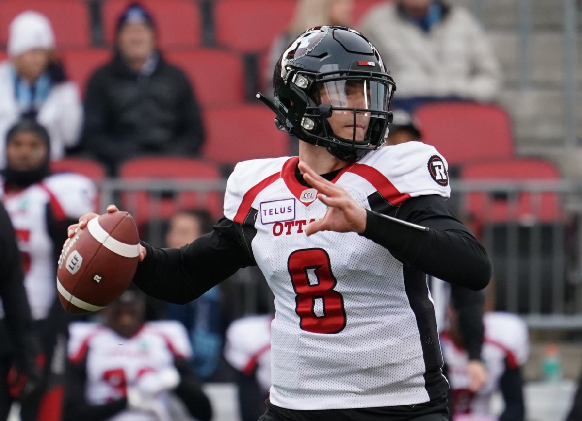 Ottawa Redblacks quarterback William Arndt (8) looks to throw a pass during second quarter CFL football action against the Toronto Argonauts, in Toronto on Saturday, Oct. 26, 2019. The Redblacks are getting set to suit up one more time before closing out the most disappointing season in franchise history.