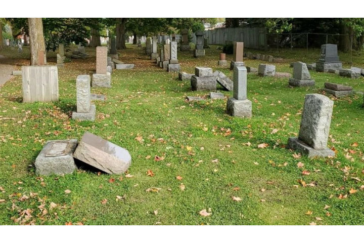 Sometime between Friday afternoon and Monday morning, police say 43 headstones were damaged at a local Orillia cemetery.