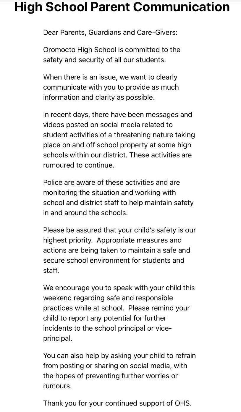 A copy of the letter distributed to students on Oct. 25, in Fredericton, N.B.