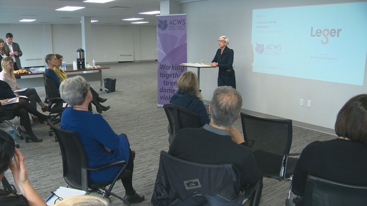 Alberta Council of Women's Shelters executive director Jan Reimer speaks about the violence in the Workplace survey results in Edmonton Thursday, Oct. 17, 2019.