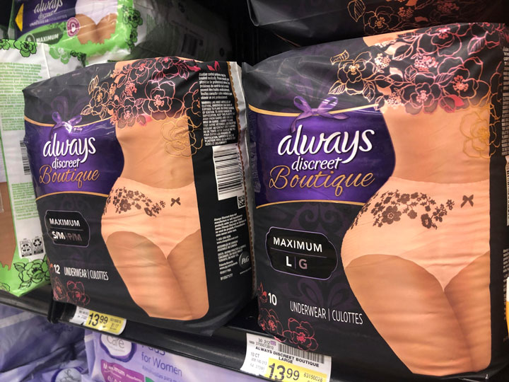 Adult diapers marketed as feminine and sexy are displayed in a grocery store in Chicago, Illinois, U.S. October 11, 2019. 
