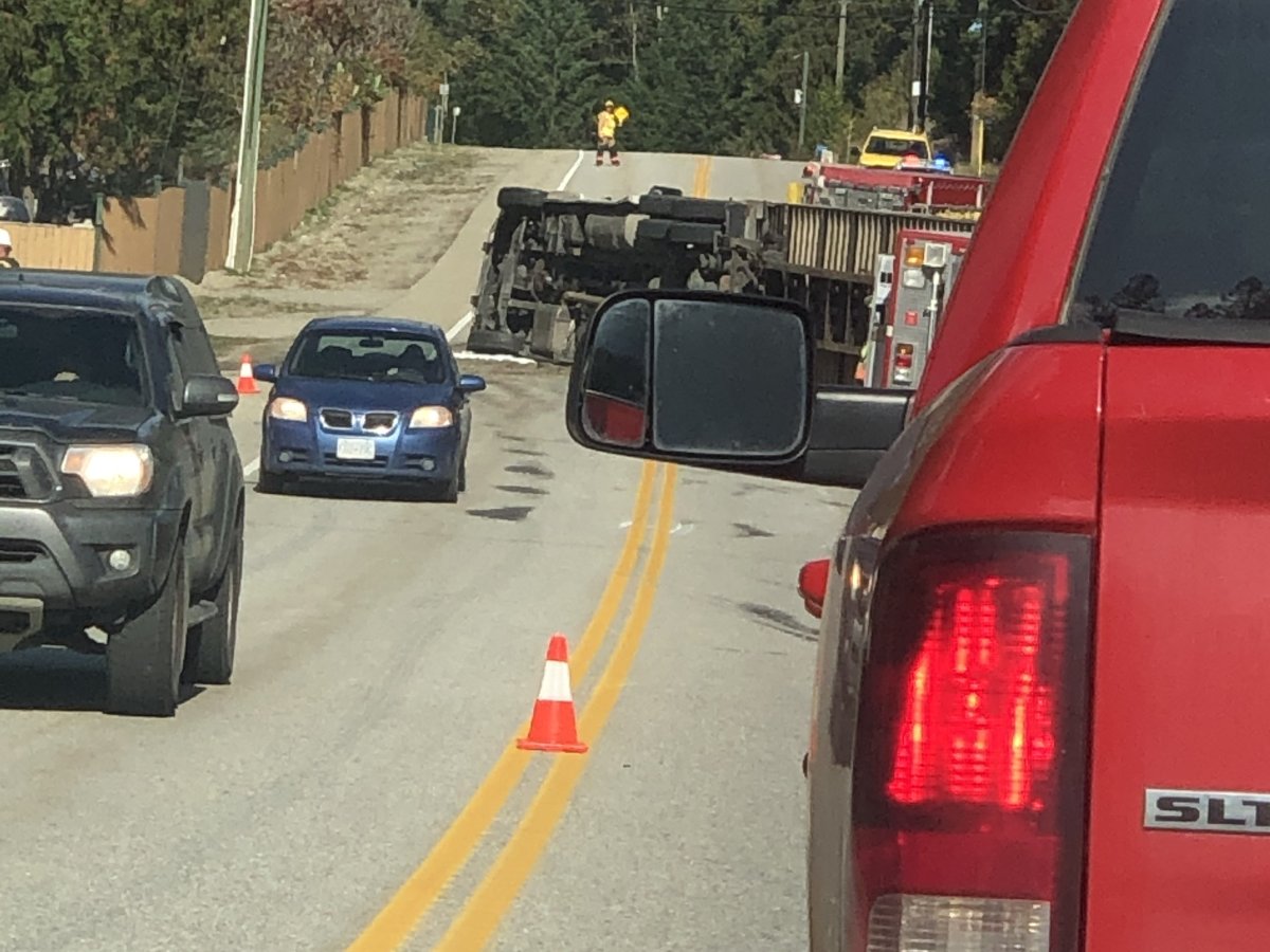 An overturned semi has closed a section of Highway 97. The incident is approximately 11 kilometres south of Sicamous.