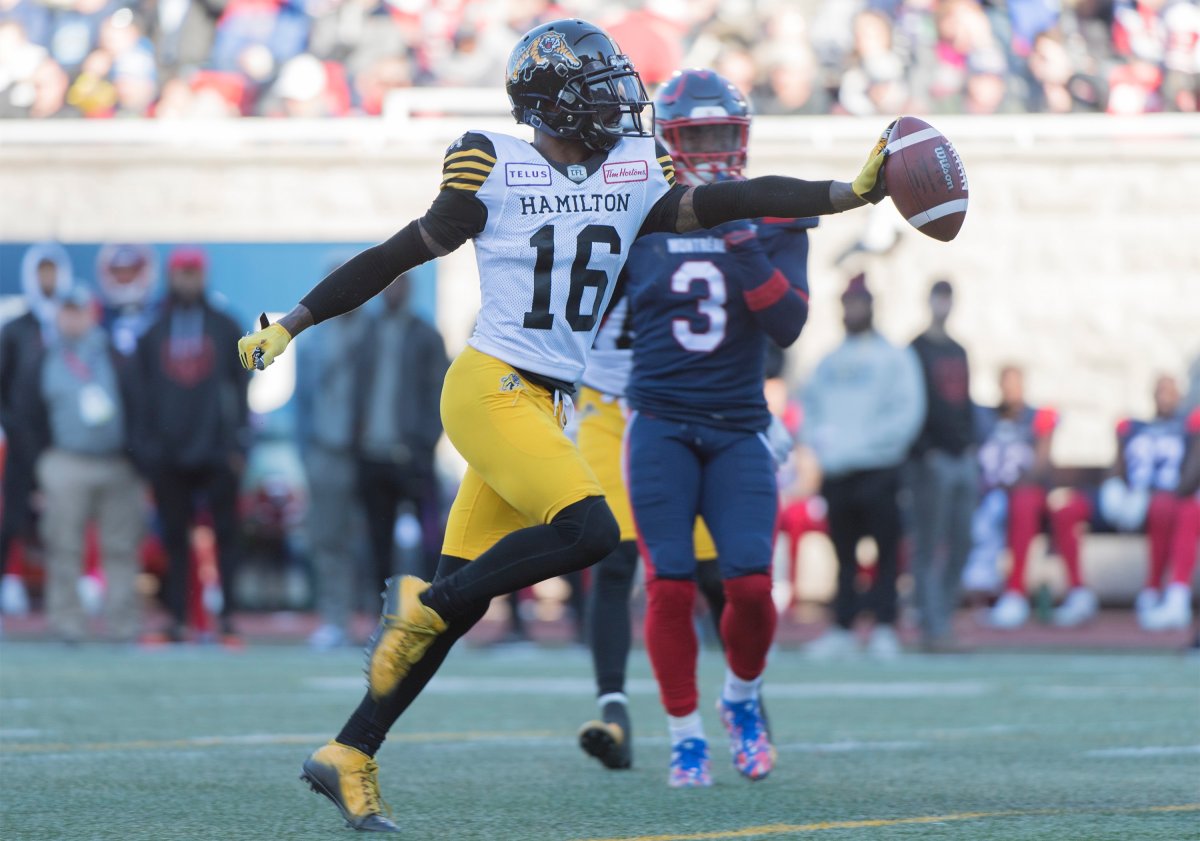 Hamilton Tiger-Cats' Brandon Banks runs in for a touchdwon during second half CFL football action against the Montreal Alouettes, in Montreal, Saturday, Oct. 25, 2019.