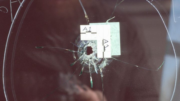 A bullet hole in a window of Mr. Sub after a shooting in southwest Calgary on Saturday, Oct. 12, 2019.