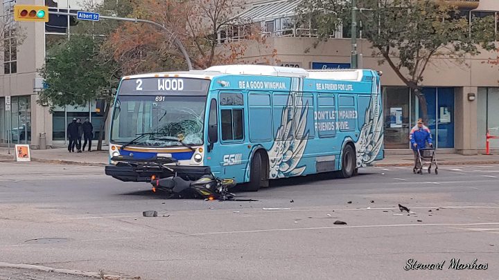 Regina police said a man who was driving a motorcycle has been taken to hospital following a collision involving a Regina Transit bus.
