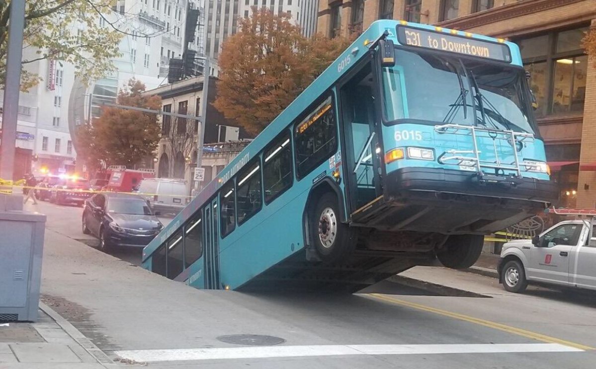 A city bus fell into a sinkhole during Pittsburgh rush hour on Oct. 28.