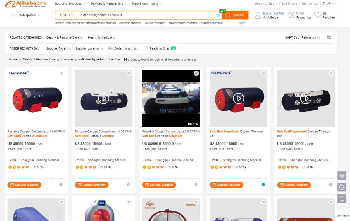 Some soft-sided hyperbaric chambers are shown for sale on the website Alibaba.com. Health Canada says such devices aren’t permitted for sale in Canada.
