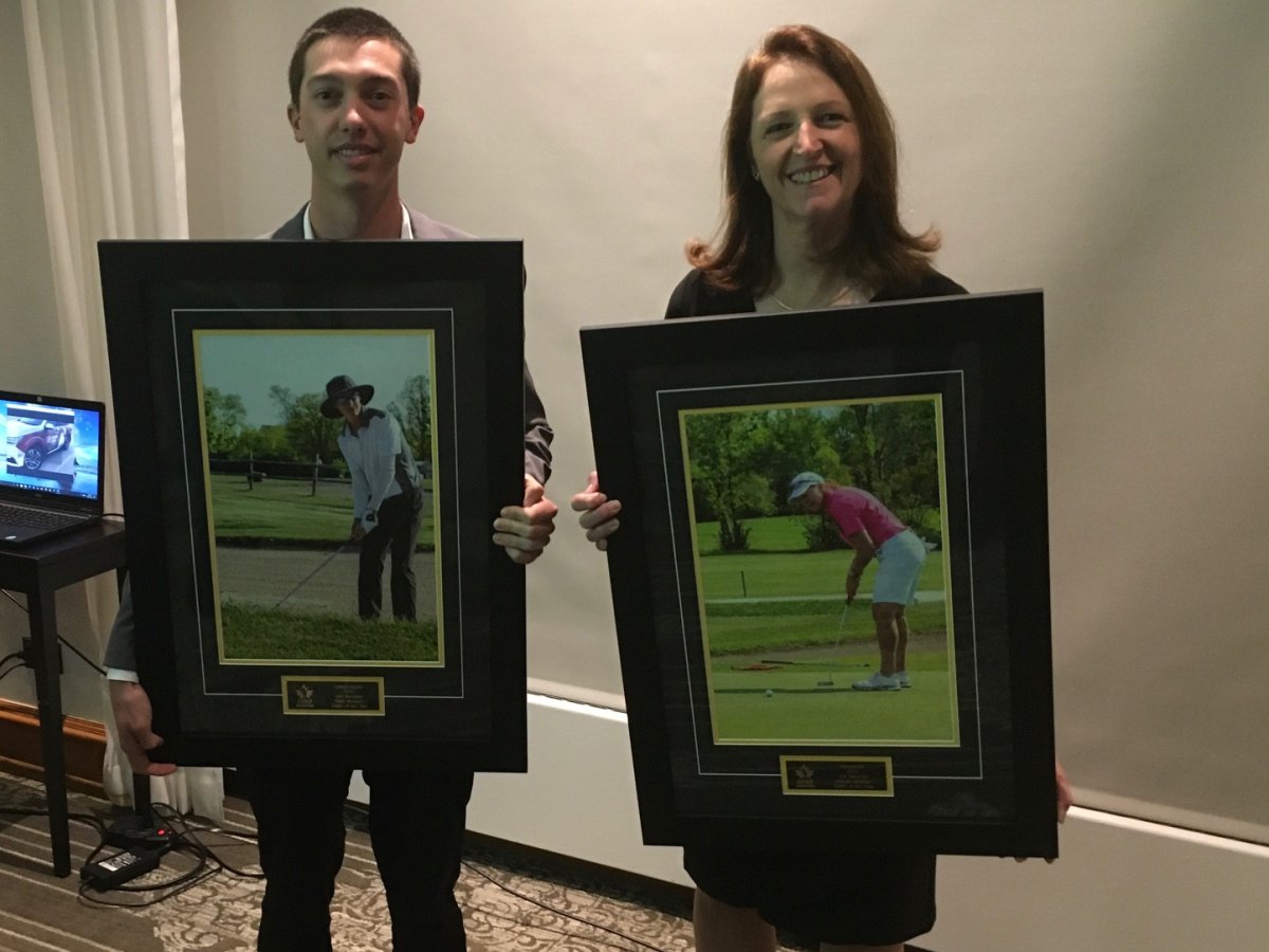 Colwyn Abgrall and Rhonda Orr of Southwood GCC pose with their picture plaques after being named the Golf Manitoba Players of the year for 2019 during the auual awards ceremony on Oct 23 at St. Charles GCC. Photo/Kelly Moore Global News .