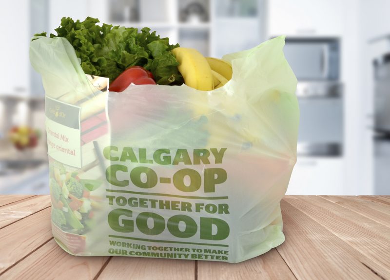 A compostable Calgary Co-op grocery bag is shown in this handout photo. 