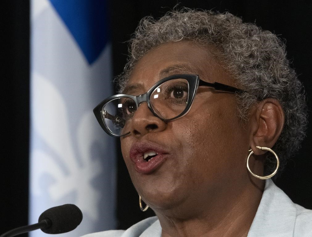 Régine Laurent, president of a commission looking into child protection services, speaks during a news conference in Quebec City on Thursday, May 30, 2019.