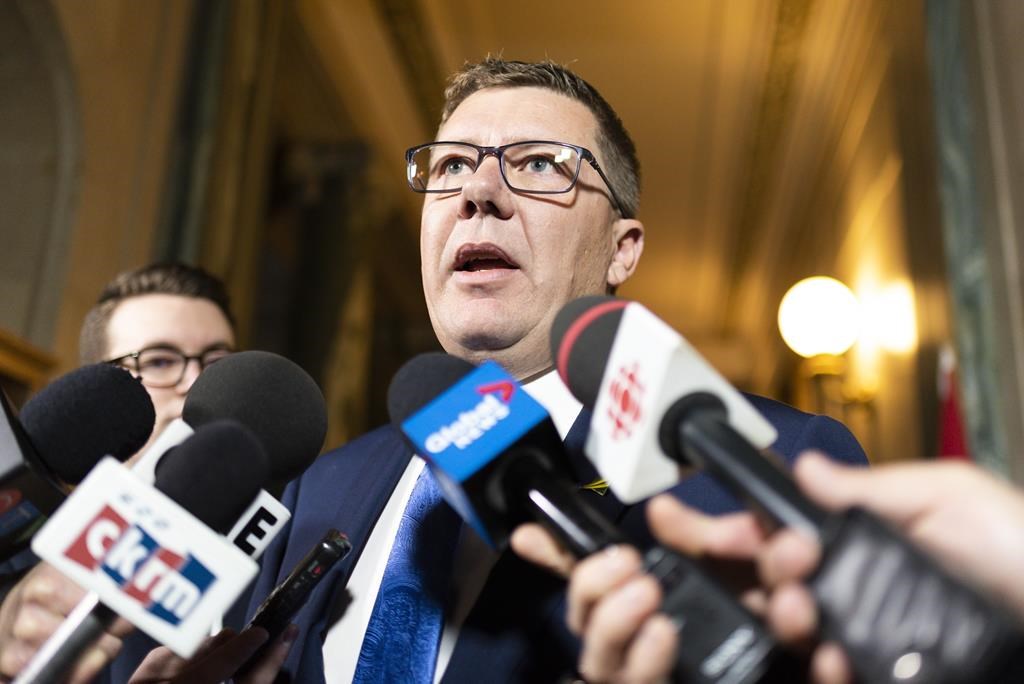 Saskatchewan Premier Scott Moe speaks to media following the 2019 federal election at the Legislative Building in Regina, Tuesday, Oct. 22, 2019.