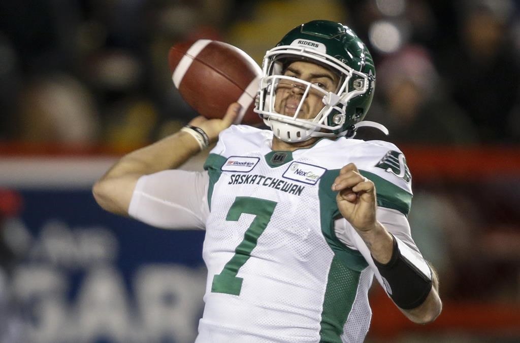 Saskatchewan Roughriders quarterback Cody Fajardo throws the ball during second half CFL football action against the Calgary Stampeders in Calgary, Friday, Oct. 11, 2019.