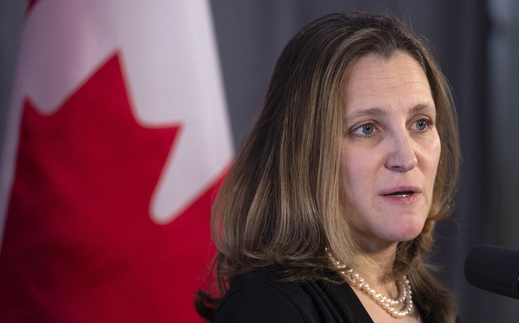 Foreign Affairs Minister Chrystia Freeland delivers a statement while entering a cabinet meeting in Sherbrooke, Que. on January 17, 2019. THE CANADIAN PRESS/Paul Chiasson.