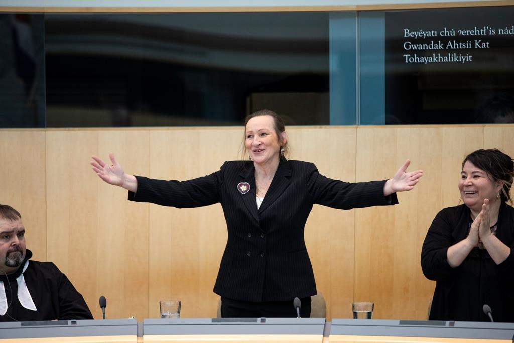 Northwest Territories Premier Caroline Cochrane speaks at the territorial legislature in Yellowknife, Thursday, Oct. 24, 2019.