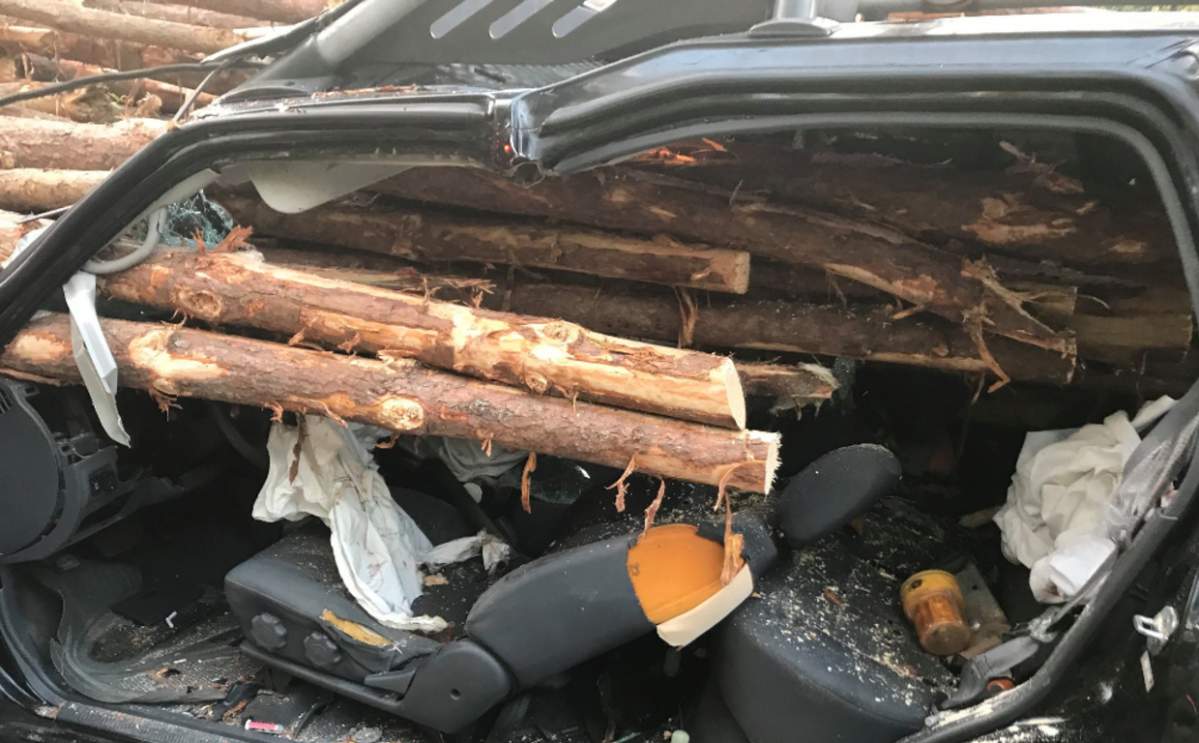 Logs piercing through the driver’s windshield, reaching as far back as the rear window.