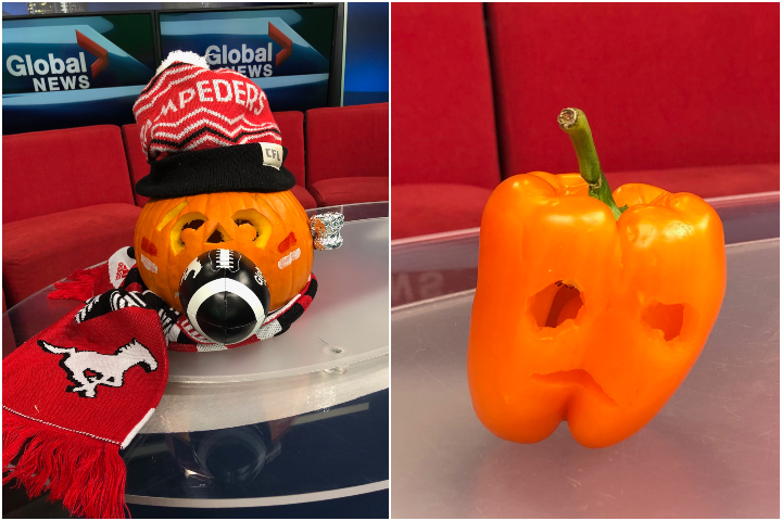 Dallas Flexhaug’s Calgary Stampeders pumpkin (left) and Leslie Horton’s pepper pumpkin (right).