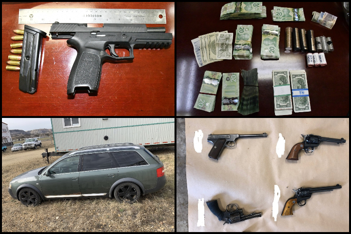 Drumheller RCMP have charged two people after drugs, guns, cash and a vehicle were stolen, police said.