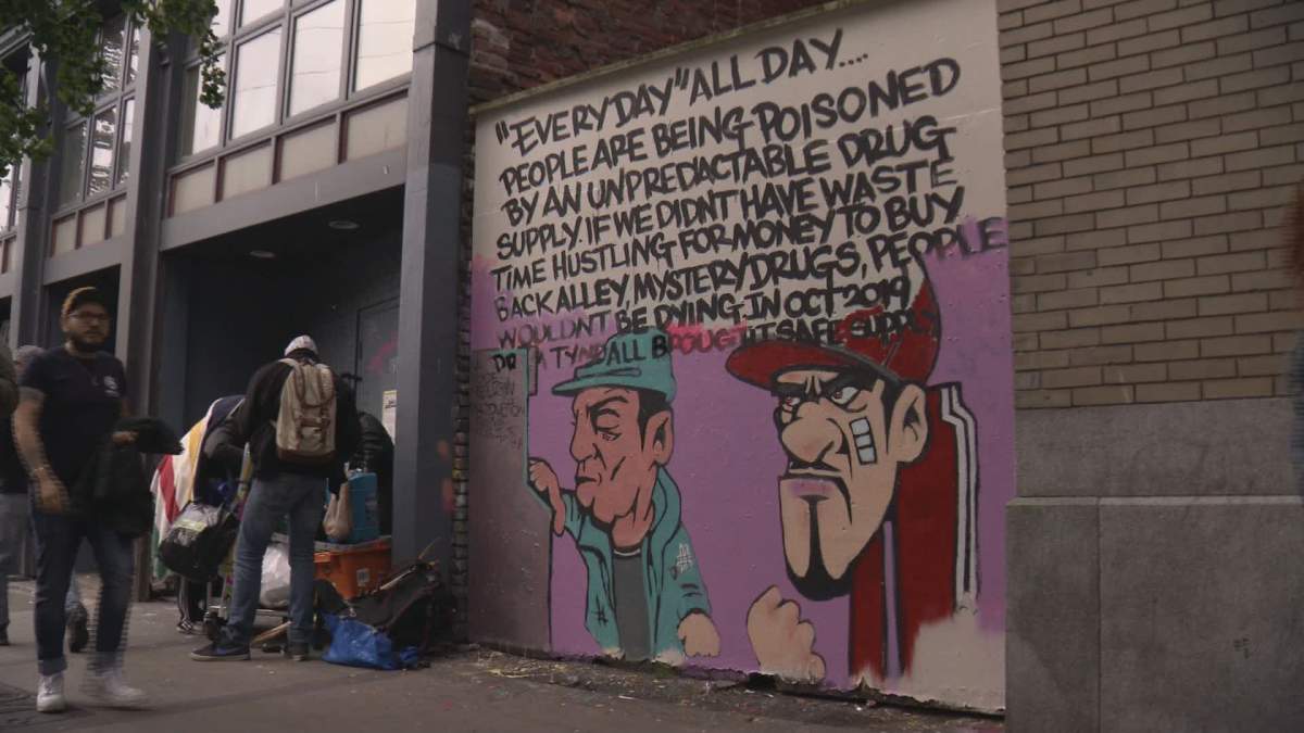 A mural in Vancouver’s Downtown Eastside anticipates the arrival of a vending machine created by a local doctor to dispense safe drugs to users.