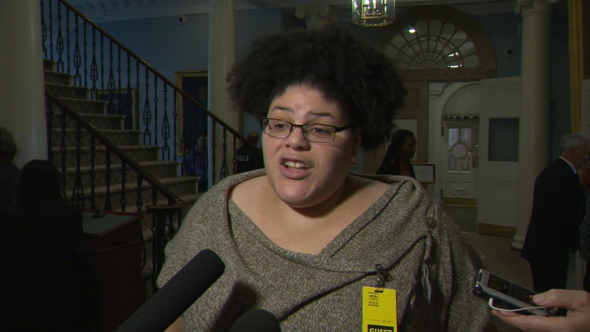 Vanessa Fells speaks with media at the Nova Scotia legislature on Oct. 18, 2019.
