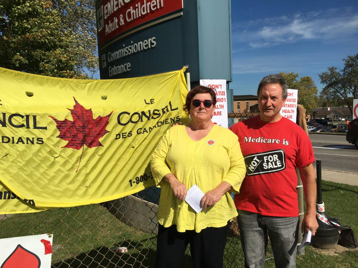 The London Health Coalition and Council of Canadians are demanding accountability from London West Conservative Candidate Liz Snelgrove. (Left to right) Roberta Cory with the Council of Canadians and Peter Bergmanis with the London Health Coalition.