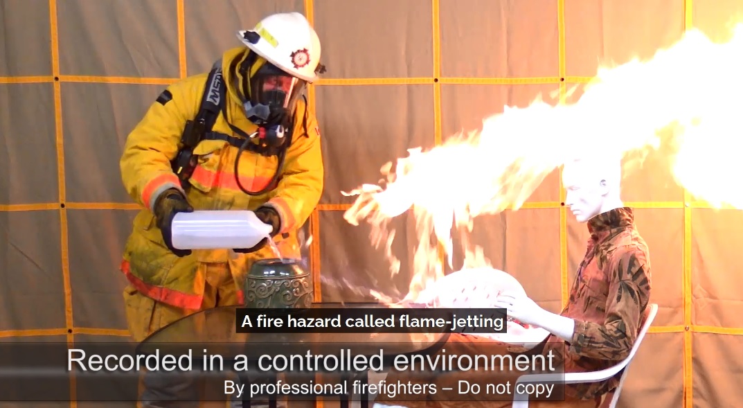 A demonstration of "flame-jetting," which can result when filling a firepot with pourable fuel. 