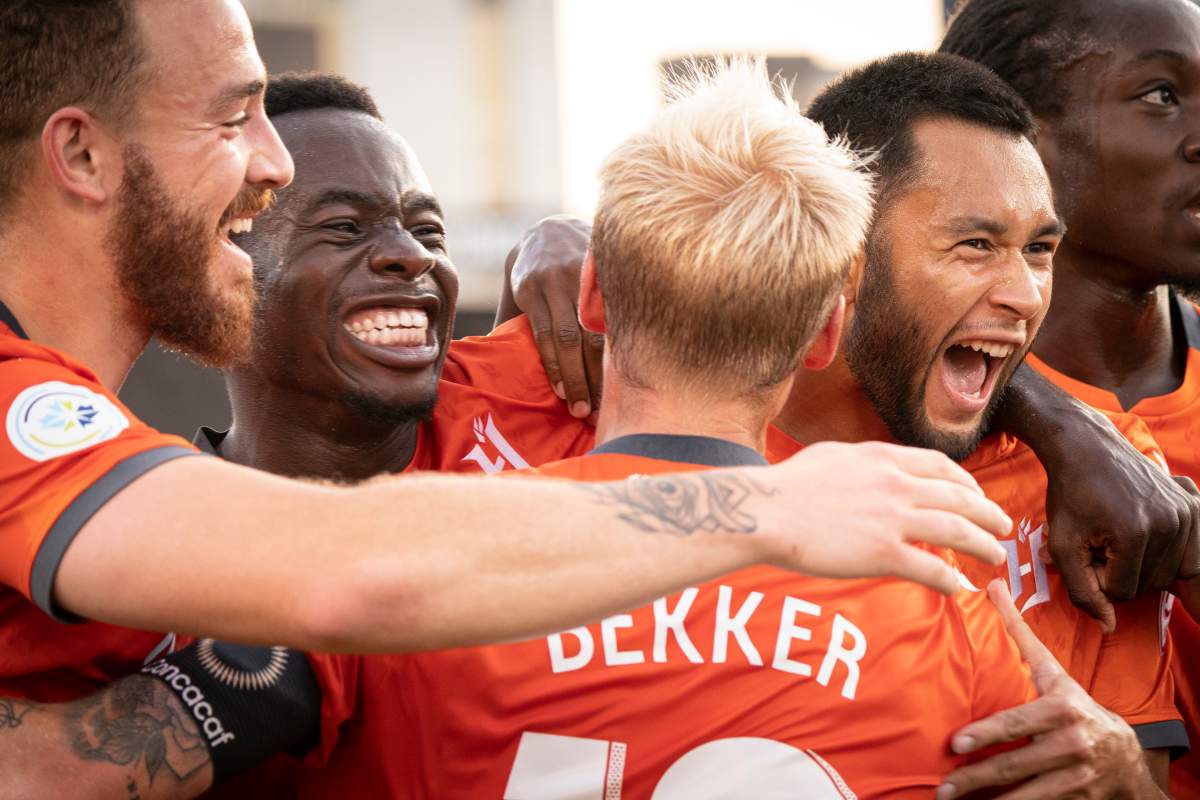 Hamilton Forge FC's David Choiniere (7), second from right, celebrates his game-winning goal during Scotiabank CONCACAF League soccer action against Antigua Guatemala FC, in Hamilton, Ont., Aug. 1, 2019.