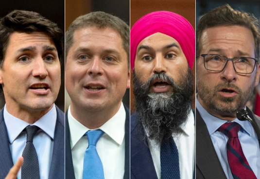 From left to right: Justin Trudeau, Andrew Scheer, Jagmeet Singh and  Yves-François Blanchet.