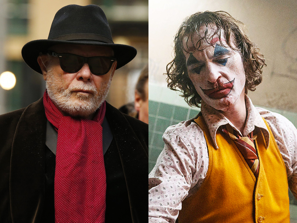 (L-R) Convicted pedophile Gary Glitter and Joaquin Phoenix as the Joker in 'Joker.'.