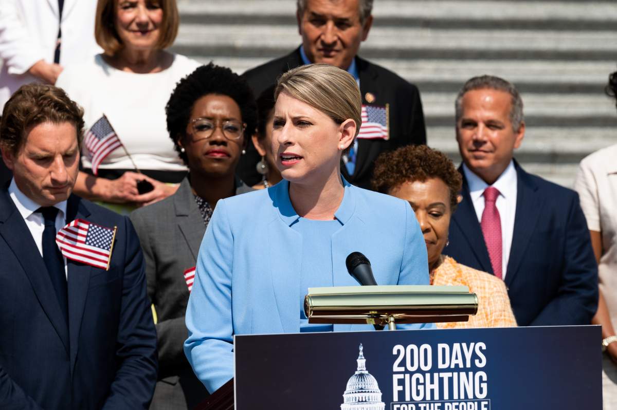 U.S Representative Katie Hill (D-CA) speaking at a press event with House Democrats on the first 200 days of the 116th Congress, on the steps of the Capitol in Washington, DC. (Photo by Michael Brochstein/SOPA Images/LightRocket via Getty Images)