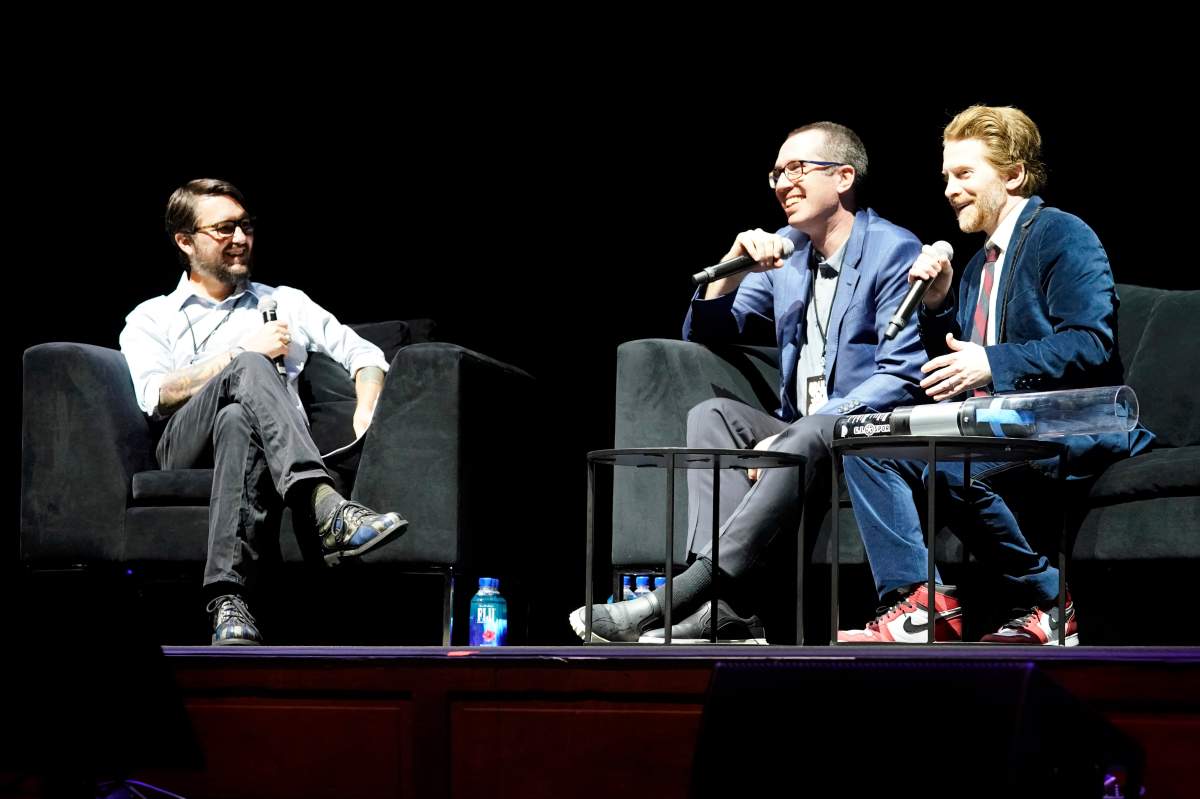 Left to right: Wil Wheaton, Matthew Senreich and Seth Green speak onstage at the ‘Robot Chicken’ Season 10 premiere presented by Adult Swim at The Theatre at Ace Hotel on Sept. 27, 2019, in Los Angeles, Calif. (Photo by Erik Voake/Getty Images for Adult Swim)