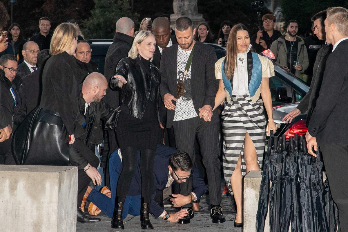 Vitalii Sediuk jumps on singer Justin Timberlake as he arrives to attend the Louis Vuitton Womenswear Spring/Summer 2020 show as part of Paris Fashion Week on Oct. 1, 2019 in Paris, France.