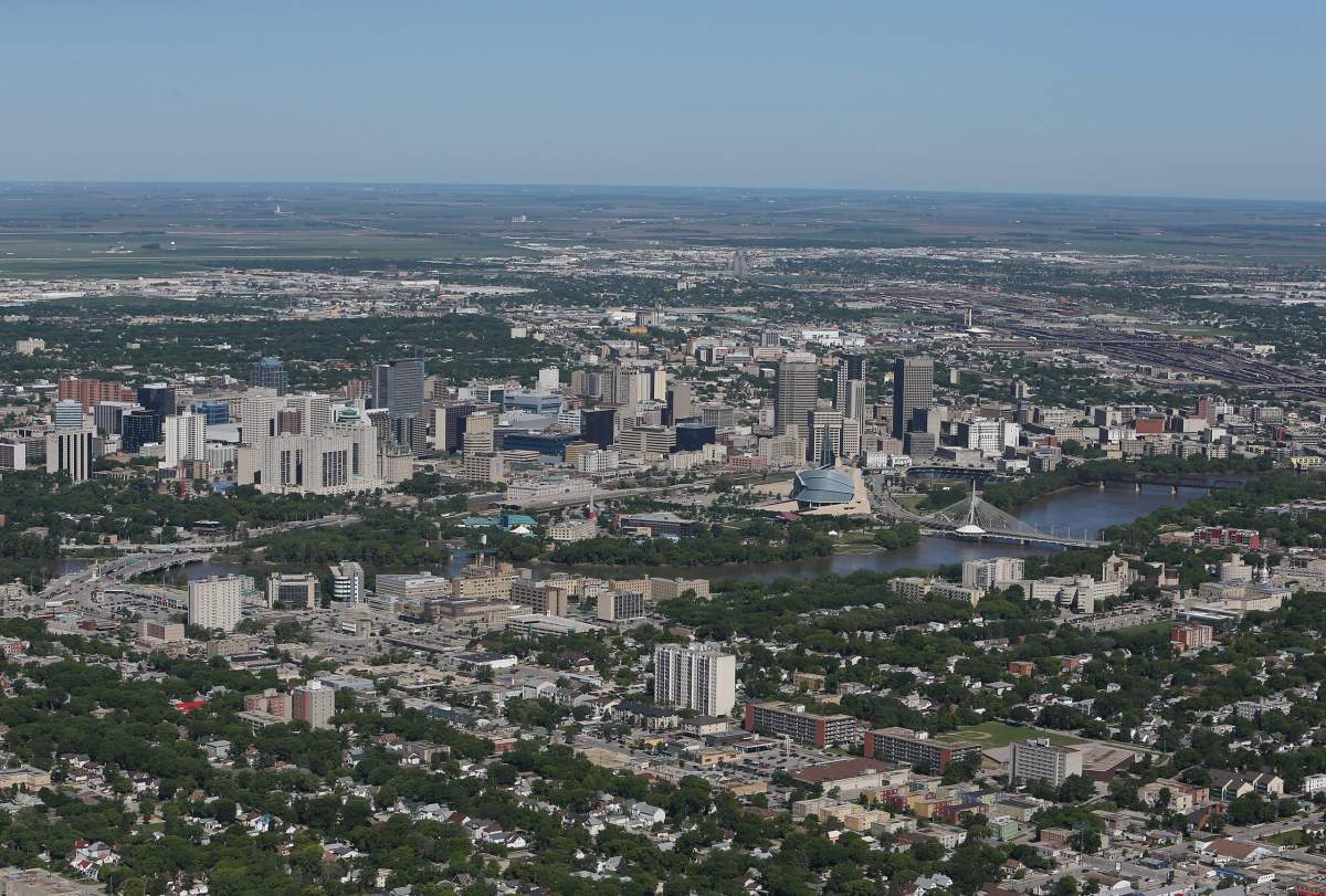 An aerial view of the Winnipeg skyline by the Red River on June 15, 2013 in Winnipeg, Manitoba.