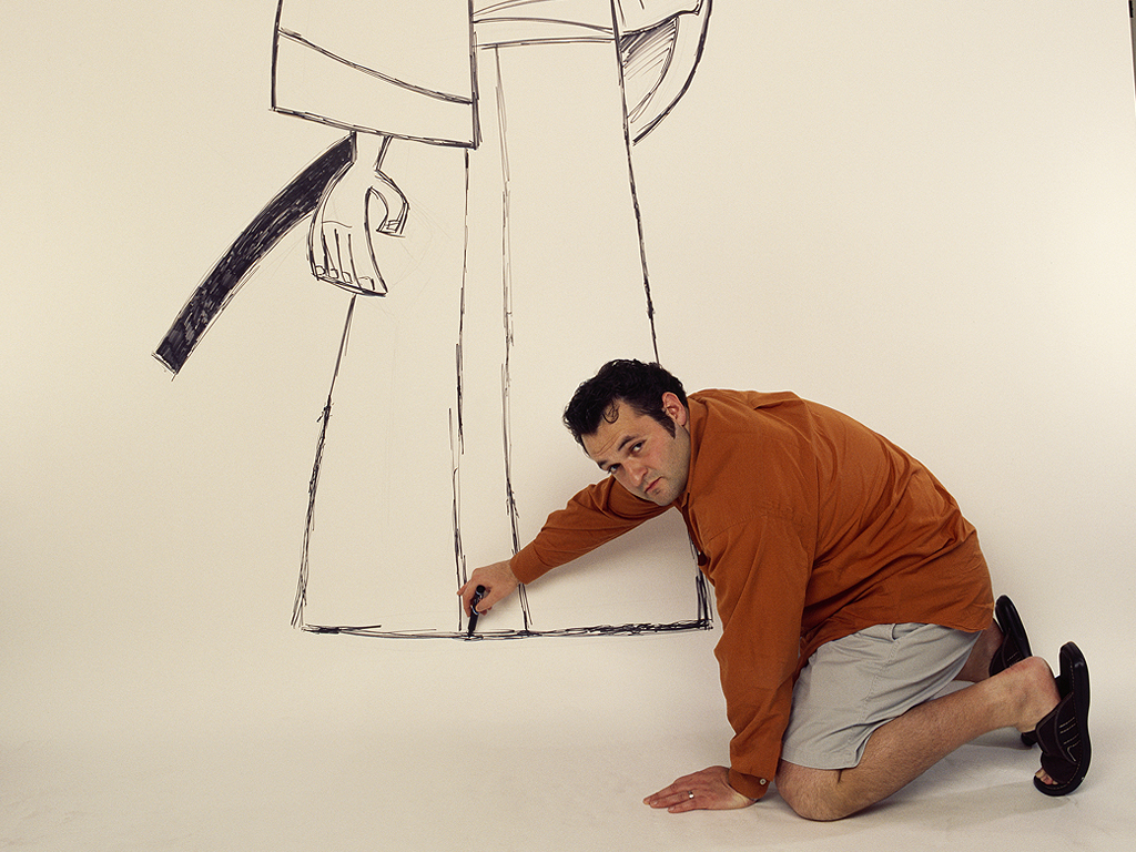 Tartakovsky in the midst of drawing a larger-than-life portrait of his fictional Adult Swim character, ‘Samurai Jack’.