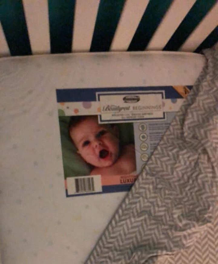A label featuring a baby’s face is shown on Maritza Cibuls’ son’s bed.