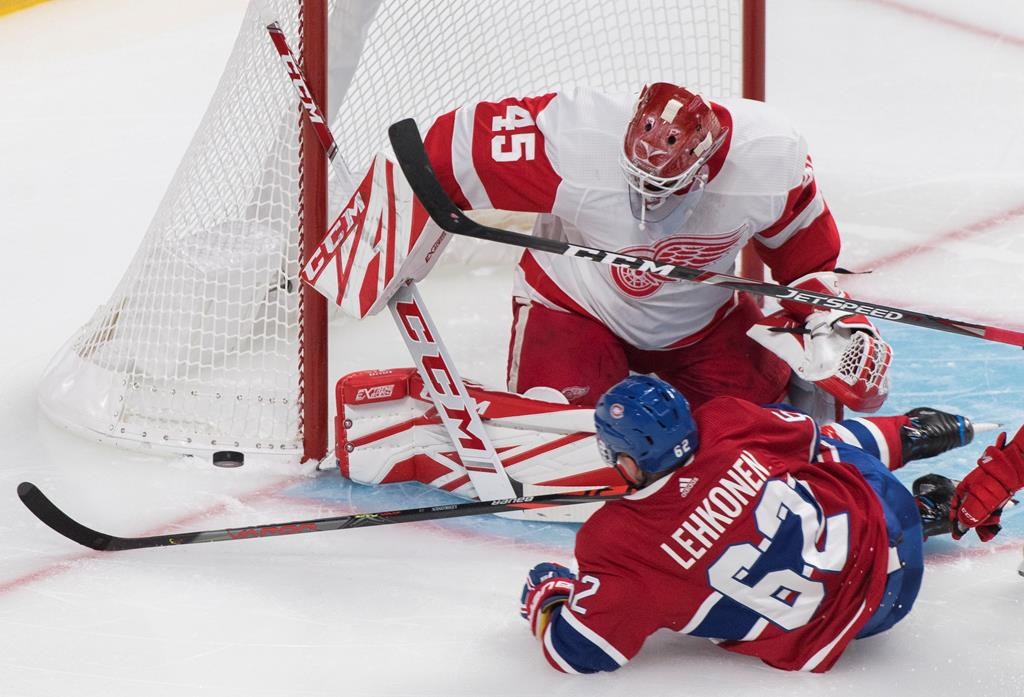 Montreal Canadiens' Artturi Lehkonen slides in on Detroit Red Wings goaltender Jonathan Bernier during third period NHL action in Montreal, Thursday, Oct. 10, 2019.