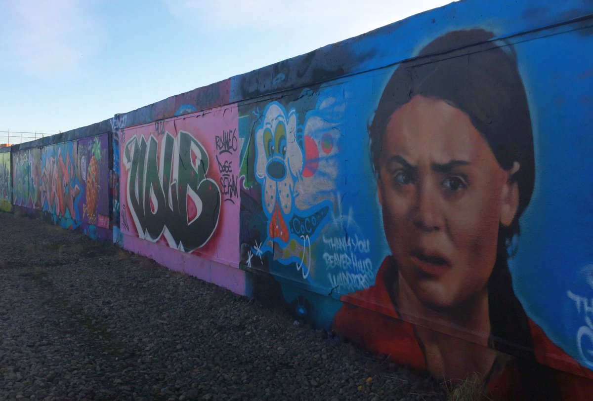 A mural by Edmonton artist AJA Louden of climate activist Greta Thunberg at 105 Avenue & 97 Street.