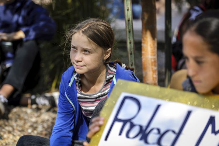 Greta Thunberg looks on during the Climate Change Rally and March Monday, Oct. 7, 2019 in Rapid City, S.D. 