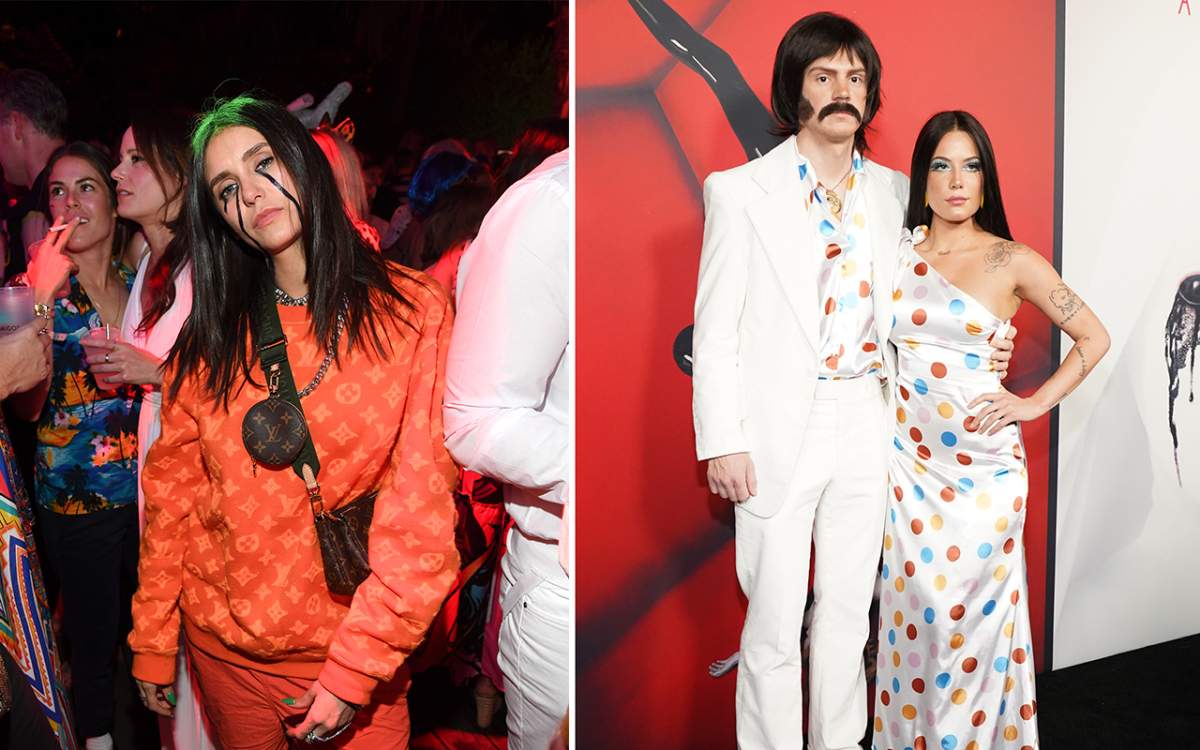 (L-R) Nina Dobrev as Billie Eilish and Evan Peters and Halsey as Sonny and Cher.