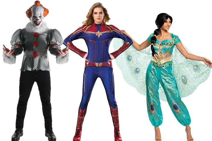 Pennywise, Captain Marvel and Jasmine costumes are shown in these photos from HalloweenCostumes.com.