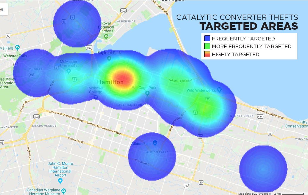 A 2019 Hamilton police rendering identifying areas in the city most likely to be targeted in a catalytic converter theft.
