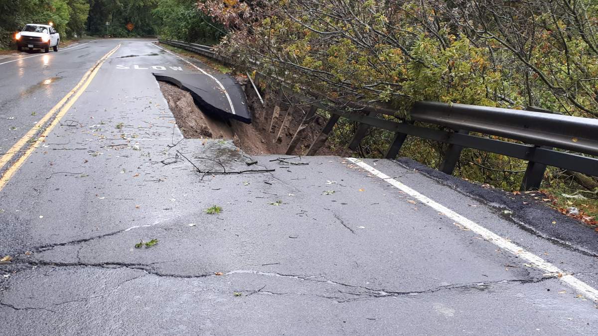 Damage on Highway 8 Hill in Dundas.