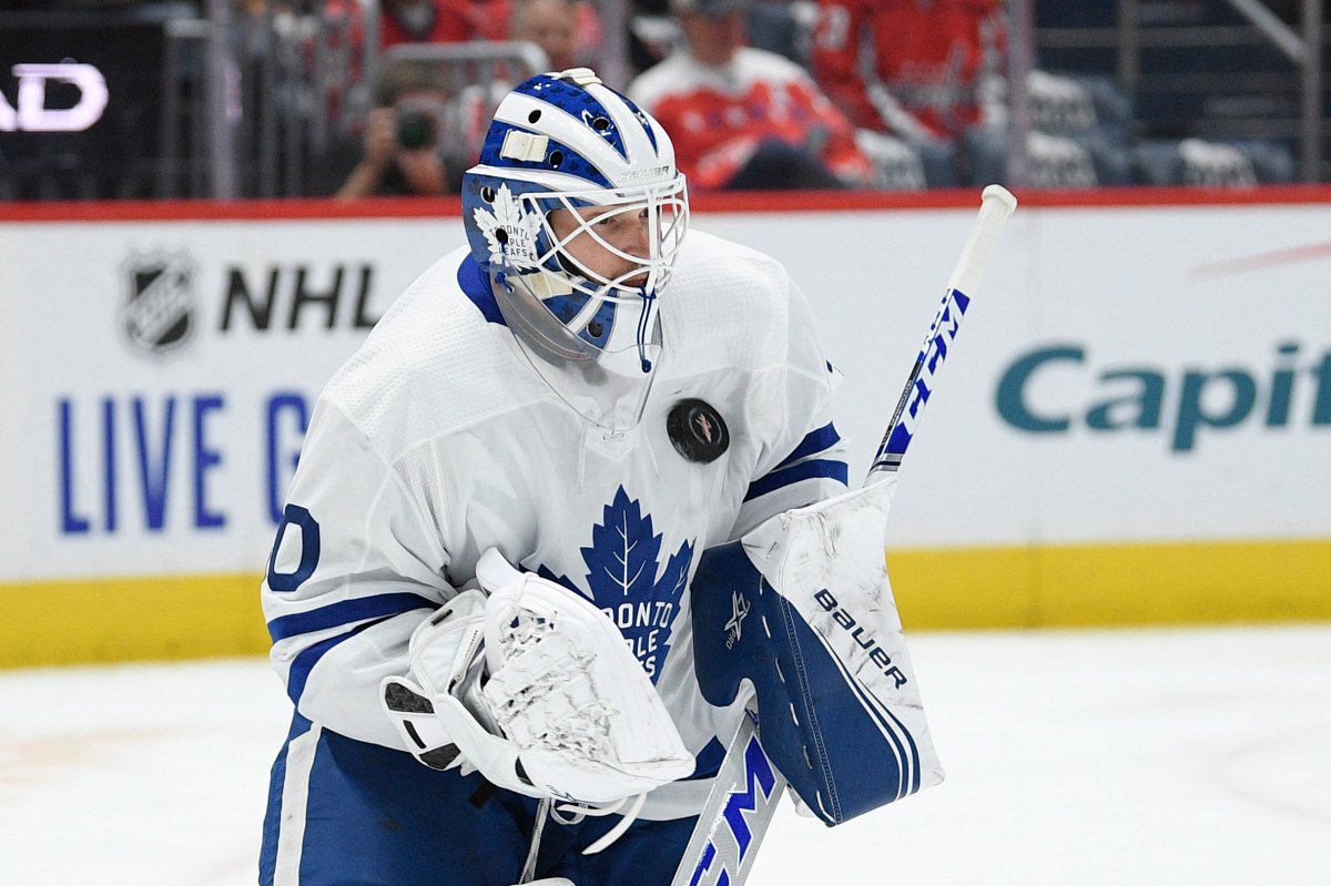 Toronto Maple Leafs goaltender Michael Hutchinson stops the puck during the first period of the team's NHL hockey game against the Washington Capitals, Wednesday, Oct. 16, 2019, in Washington.