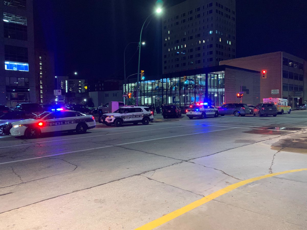 A heavy police presence downtown after police responded to reports of a commercial break-in. VIEWER SUBMITTED/Global News.